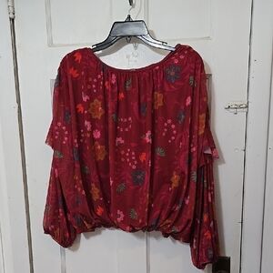 Free People Red Wildflower Honey Blouse Ruffle Sleeve At Top Womens MED